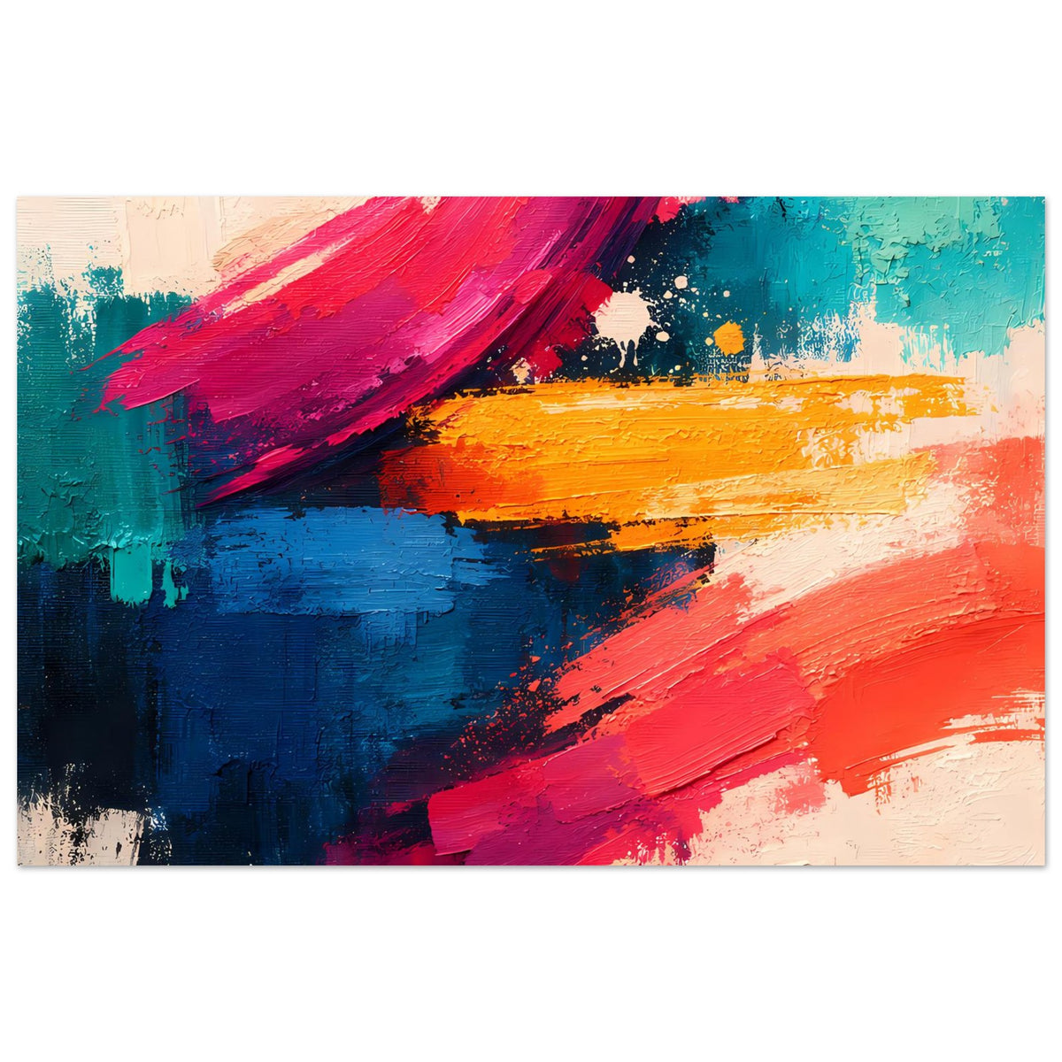 Abstraktes Pinselstrich-Poster im Querformat mit bunten Pinselstrichen in Magenta, Türkis, Orange und Blau.