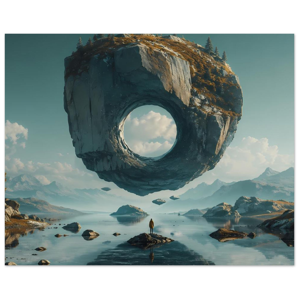 Surreales Poster: schwebender Felsring über Wasser mit Inseln und natürlichem Steg.
