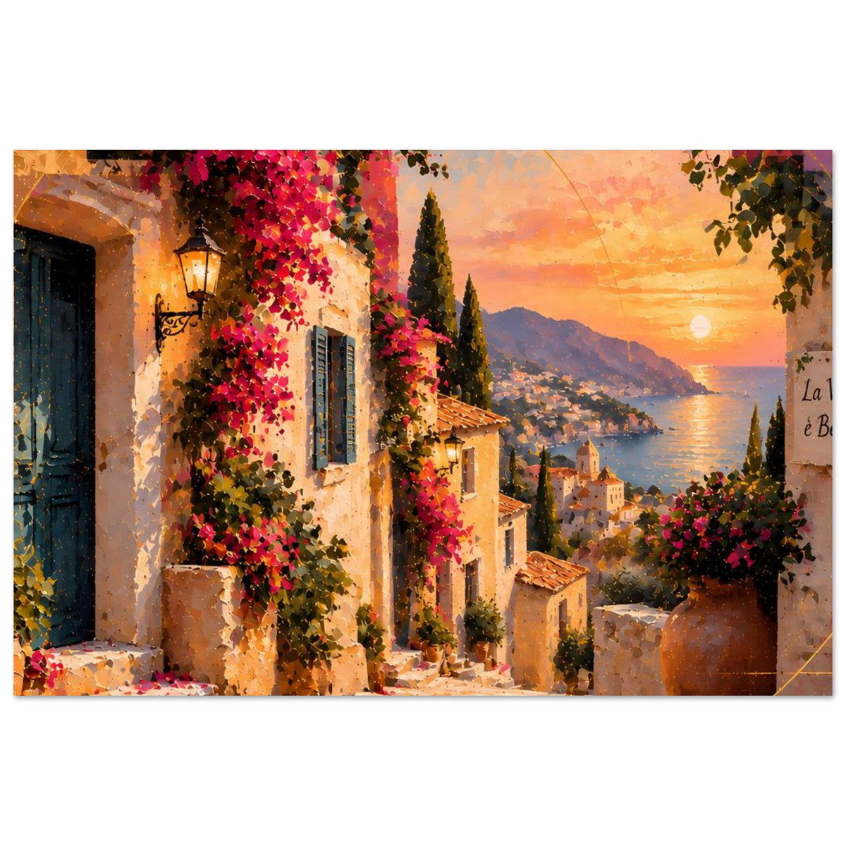 Poster im Querformat mit mediterraner Häuserzeile und pinken Blüten an der Fassade