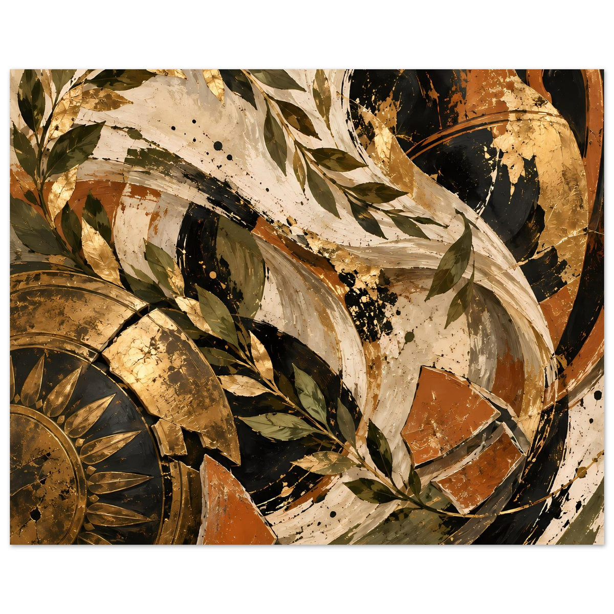 Poster mit abstraktem Blatt- und Spiral-Design in warmen Gold- und Erdtönen