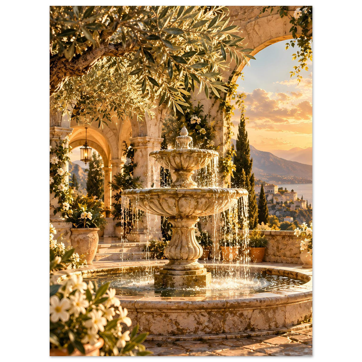 Brunnen-Poster im Sonnenuntergang: zentraler Springbrunnen, goldene Blätter und Bögen