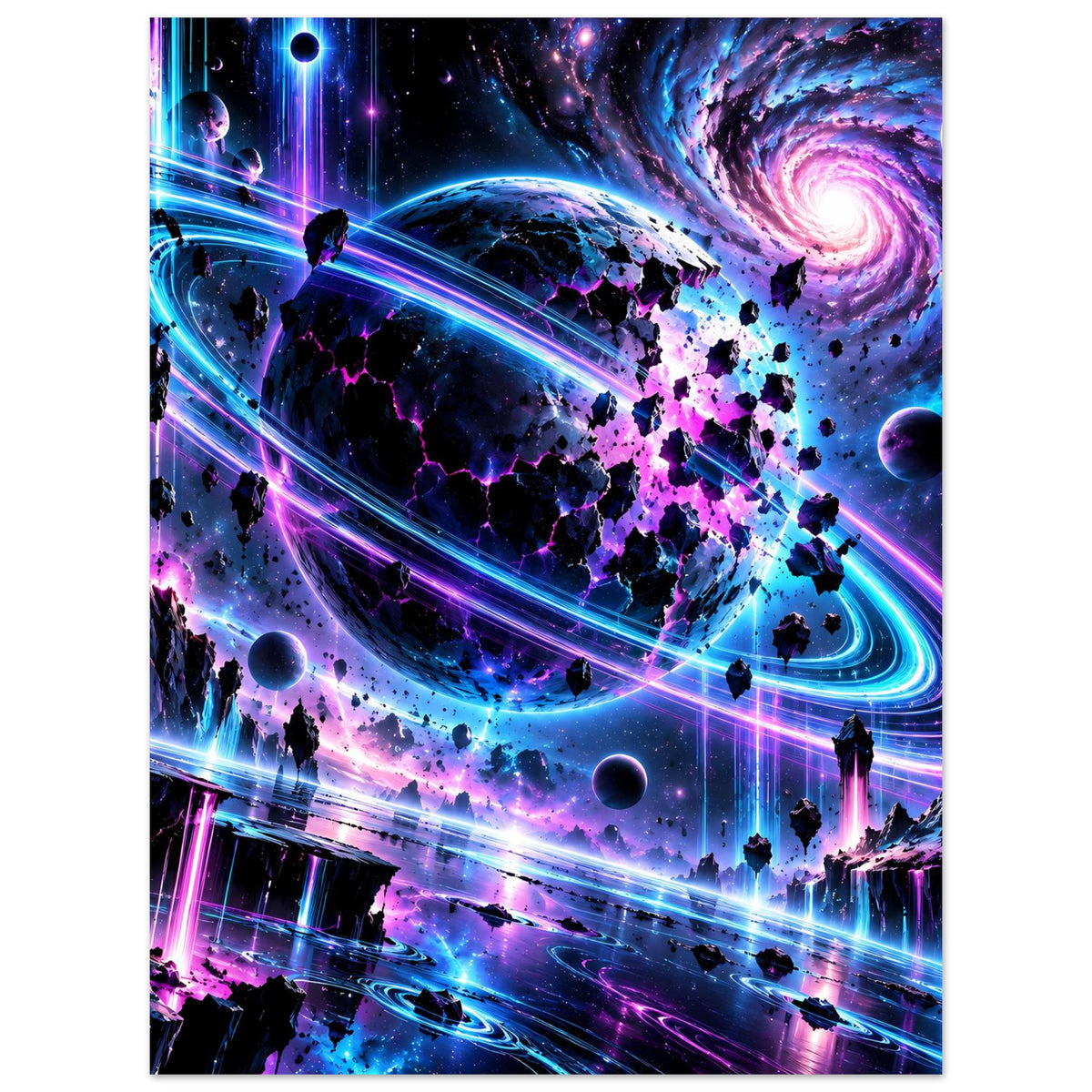 Neon-Galaxie-Poster (hochkant) mit Spiralnebel, Planetenringen, blauen Lichtbahnen und Rakete