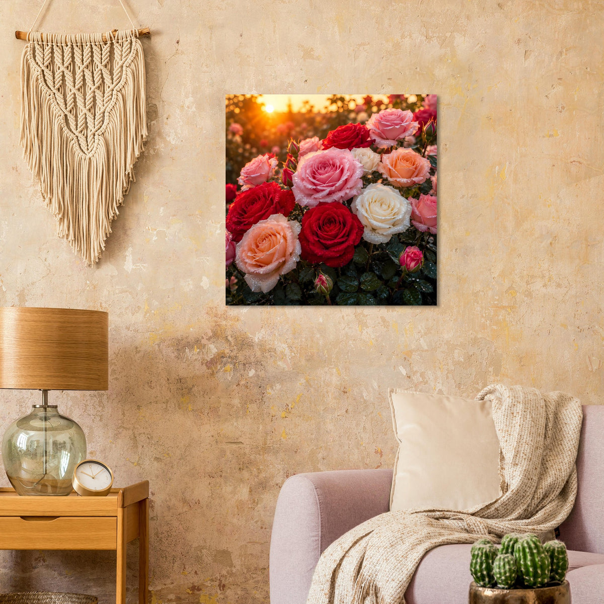 Quadratisches Rosenposter mit schwarzem Rand, Rosen in Rot, Rosa und Weiß
