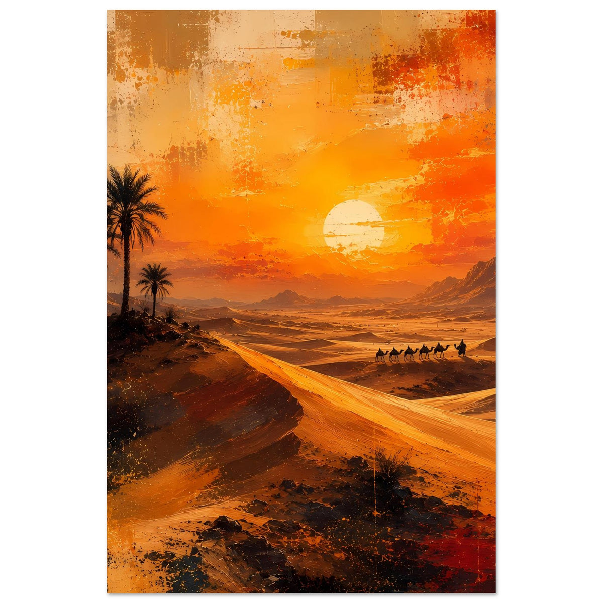 Vertikales Poster mit Wüstendünen, Palmen links und Karawane bei orangefarbenem Sonnenuntergang