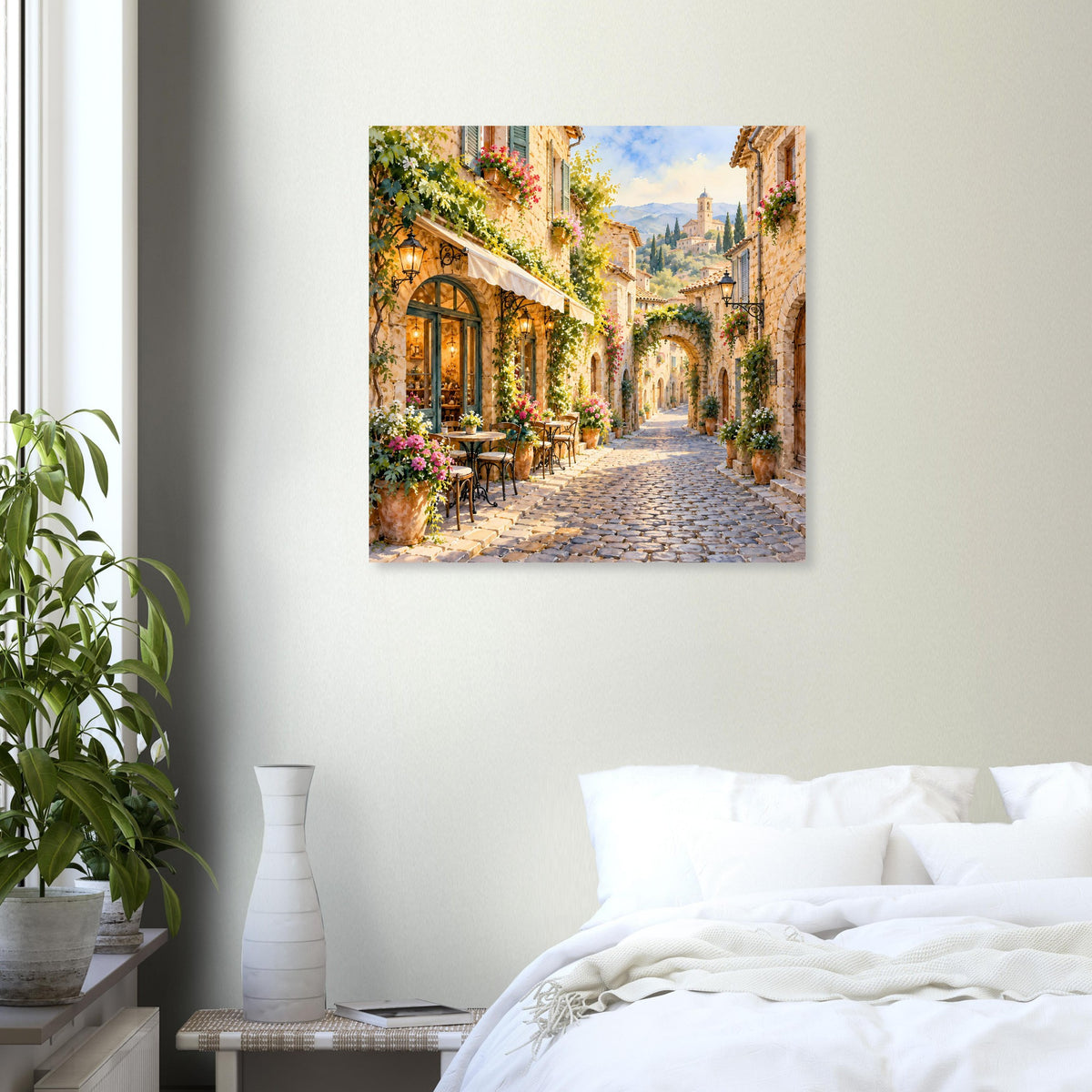 Wandposter mit mediterraner Straße zwischen Gebäuden und Blumen