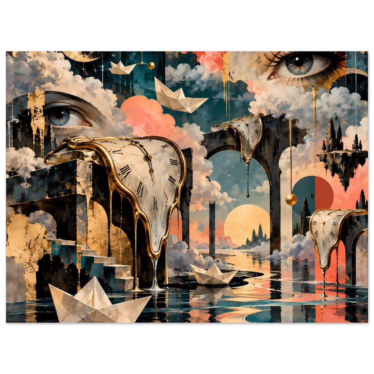 Surreales Kunstposter, horizontale Ansicht: schmelzende Uhr, Augen, Schiffsdetails und Tropfen