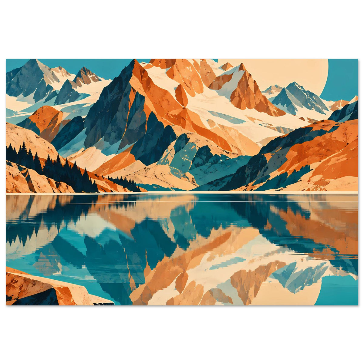 Naturposter mit Bergpanorama, Spiegelung im See und Mond, blau-oranges Design, gerahmt