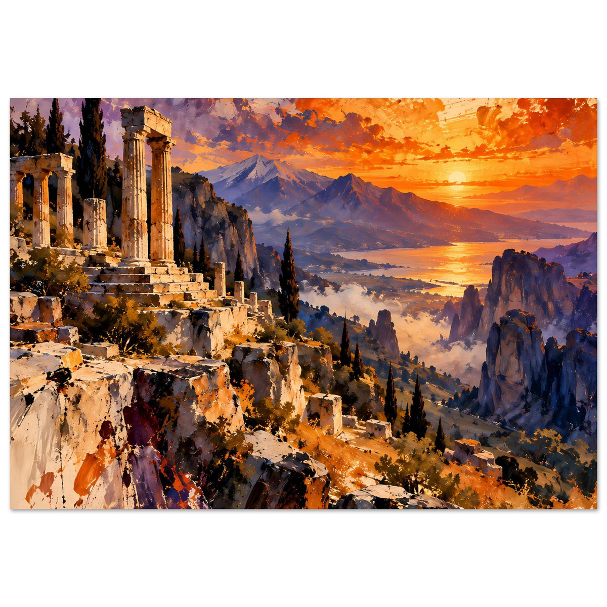 Horizontales Poster mit Ruinen-Tempeln, orangefarbenem Abendhimmel und Gebirgstal