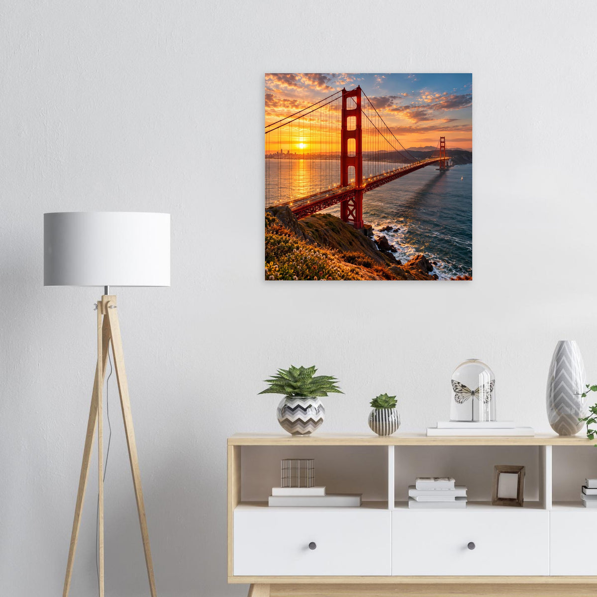 Poster mit Motiv der Golden Gate Bridge bei Sonnenuntergang mit rotem Brückenturm