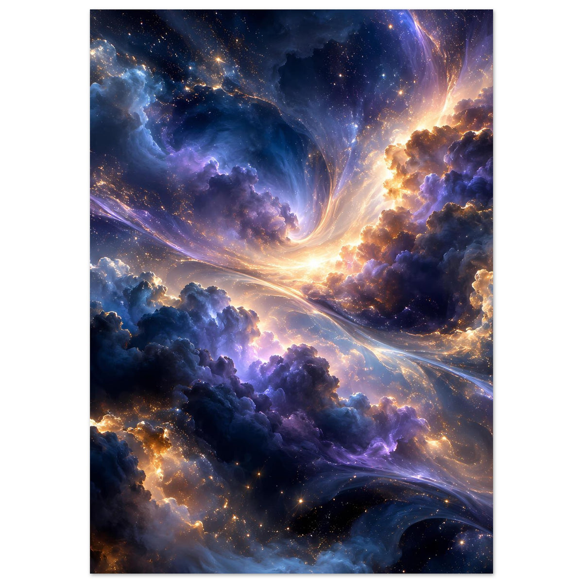 Leuchtendes Galaxieposter mit heller Sterne-Quelle im Zentrum und umliegenden Nebelwolken