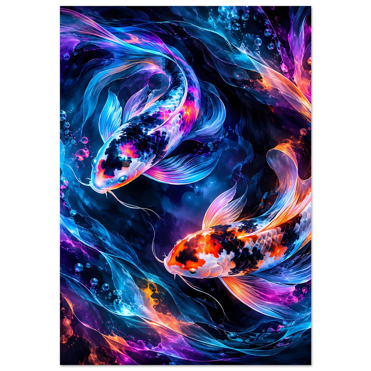 Hochkantiges Poster mit zwei leuchtenden Koi-Fischen in Blau, Orange und Violett