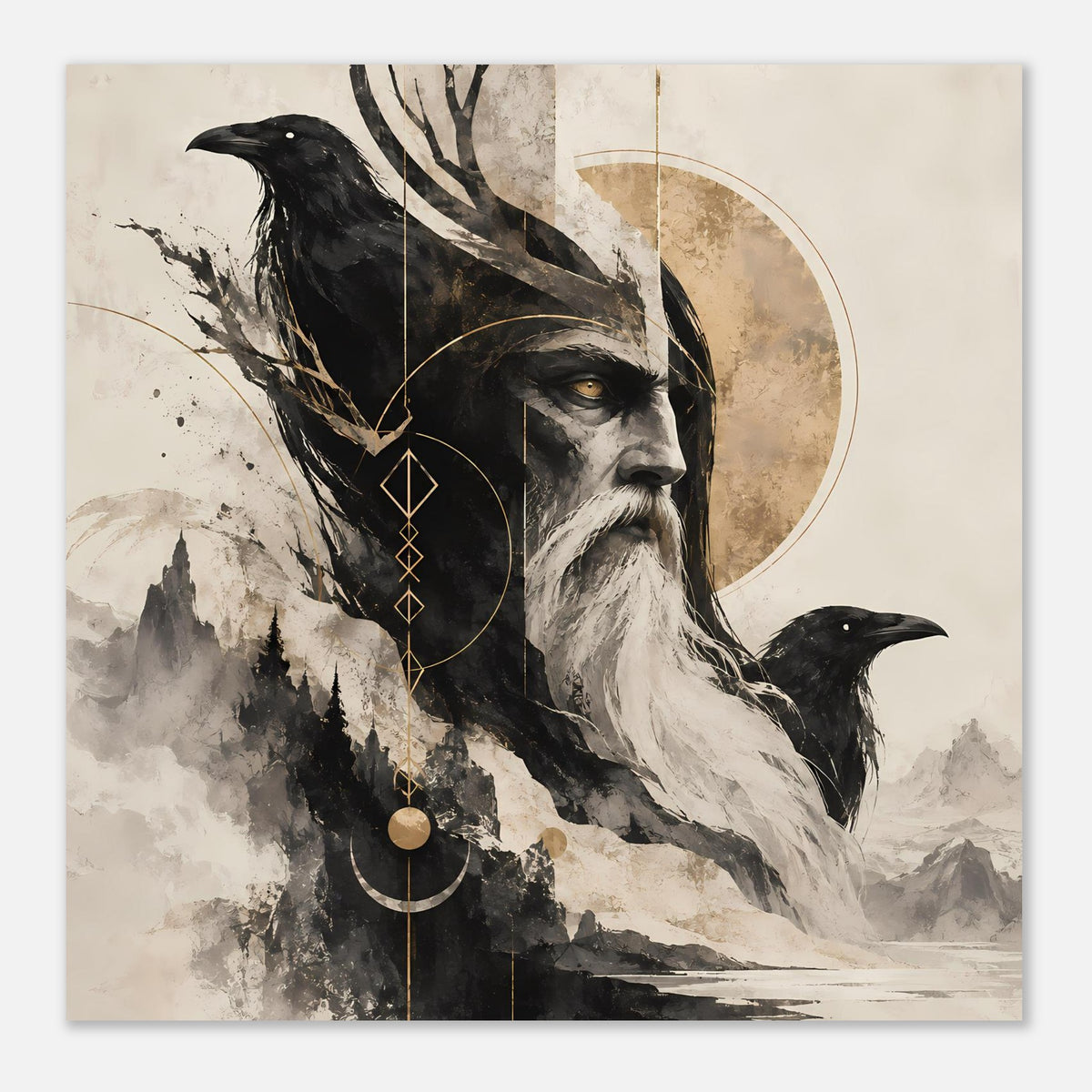 Kunstposter mit Bartgesicht, schwarzem Raben, goldenen Verzierungen und Landschaft