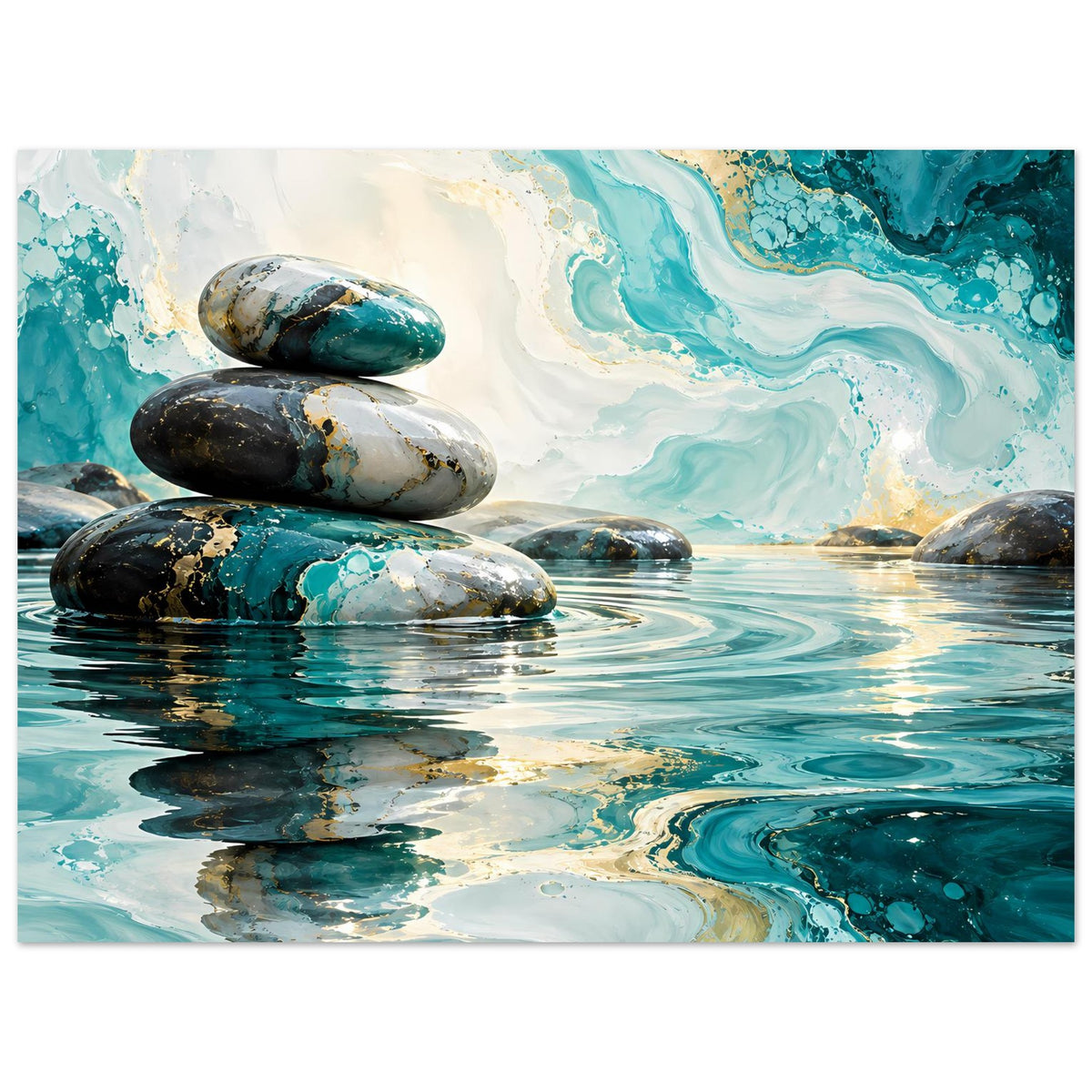 Zen-Poster mit mehreren Steinen im türkisfarbenen Wasser, goldene Tupfer und Wellenlinien
