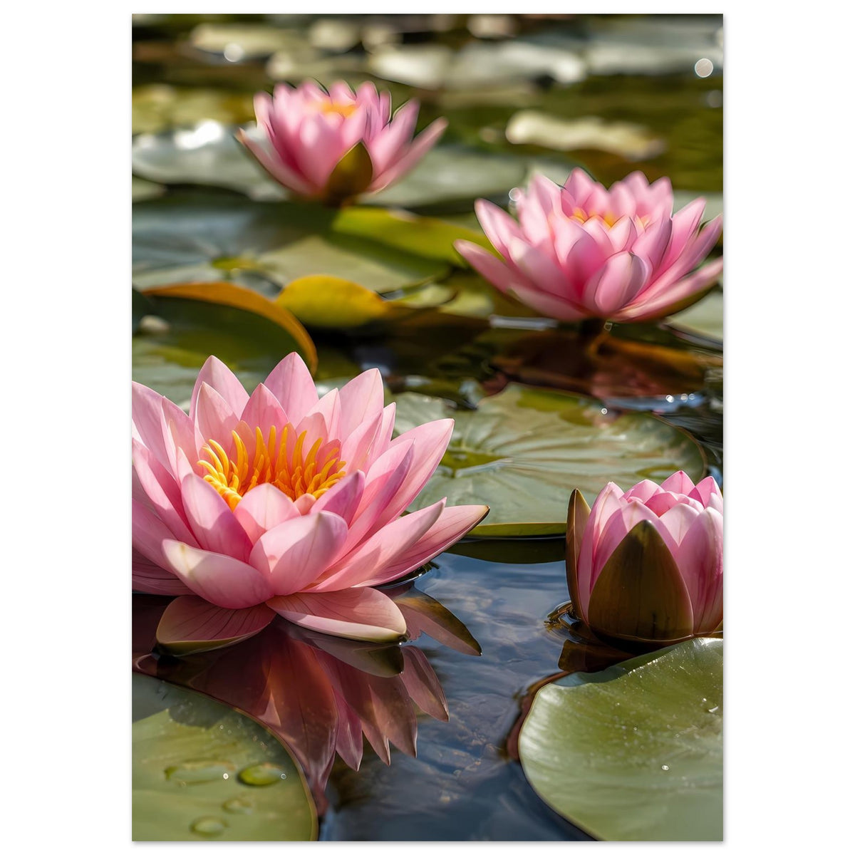 Poster im Hochformat mit rosa Seerosenblüten und grünen Seerosenblättern auf Wasser
