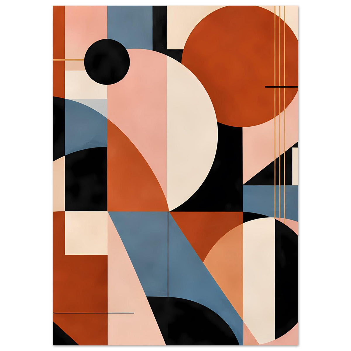 Geometrisches Kunstposter: schwarze Kugel, viele Blockflächen, ockerfarbene und rosafarbene Akzente