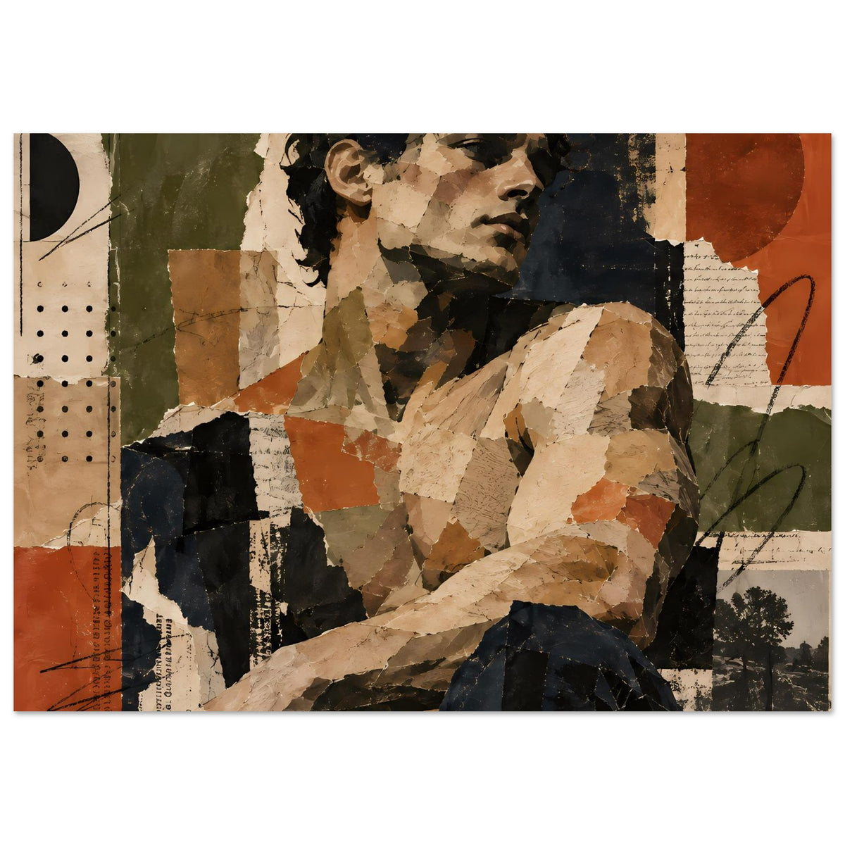 Vintage Collage-Kunstposter mit Porträt, Baumform im Hintergrund und Erdfarben