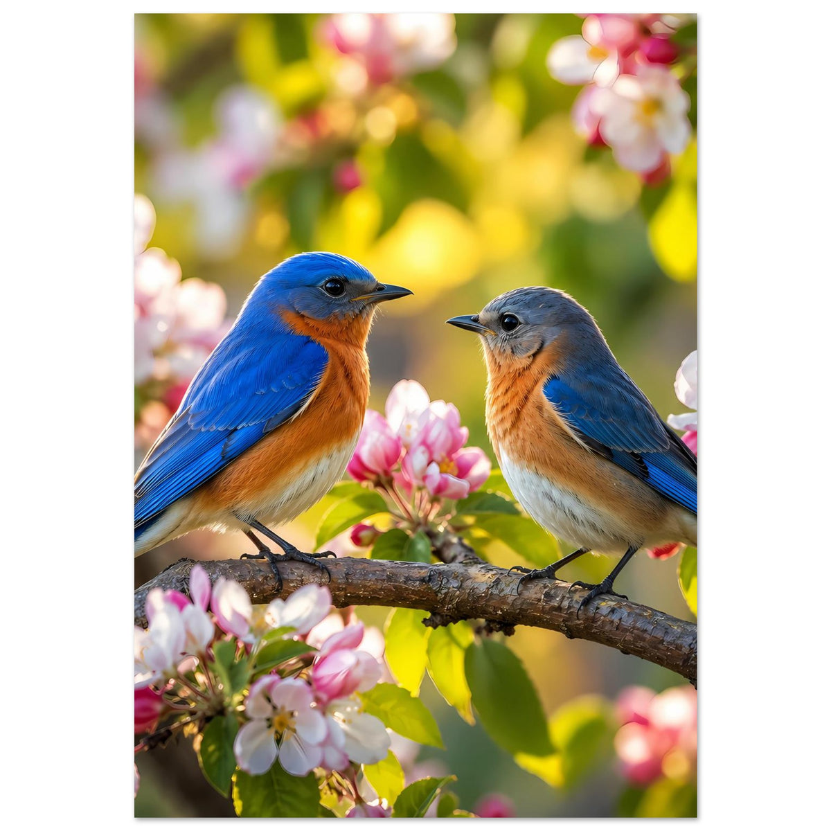 Vertikales Poster mit zwei blauen Vögeln, umgeben von rosa Blüten und Blättern