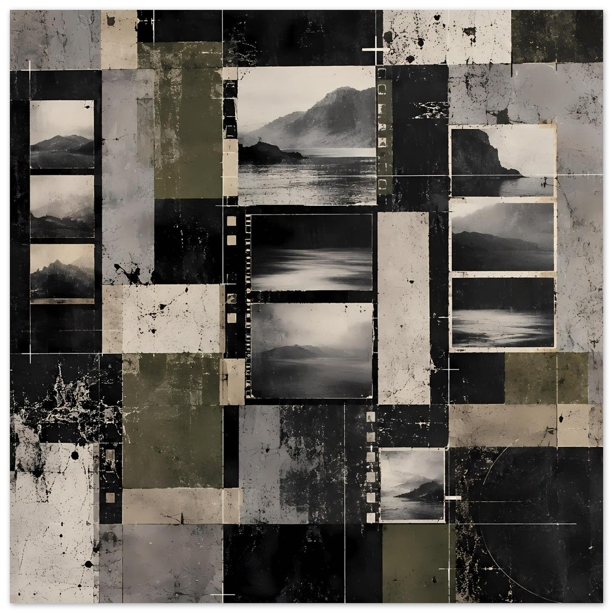 Abstraktes Landschafts-Poster im Querformat: geometrische Felder in Schwarz, Grau, Oliv und Beige