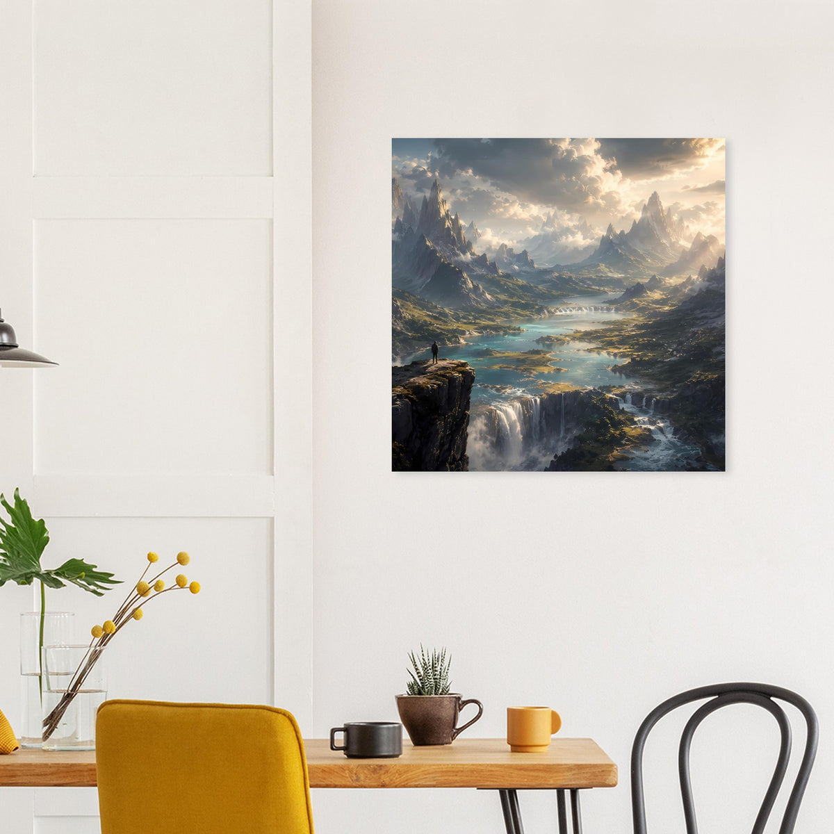 Poster mit Blick ins Gebirge, Wasserfall, Fluss und Sonnenstrahlen, schwarzer Rahmen