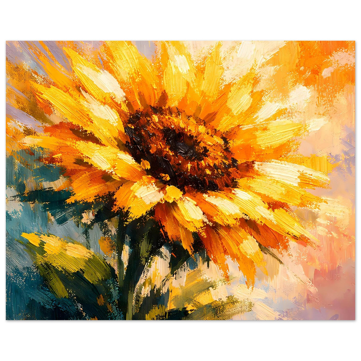 Rechteckiges Sonnenblumen-Poster mit gelben Blütenstrahlen und braun-schwarz gemalter Mitte