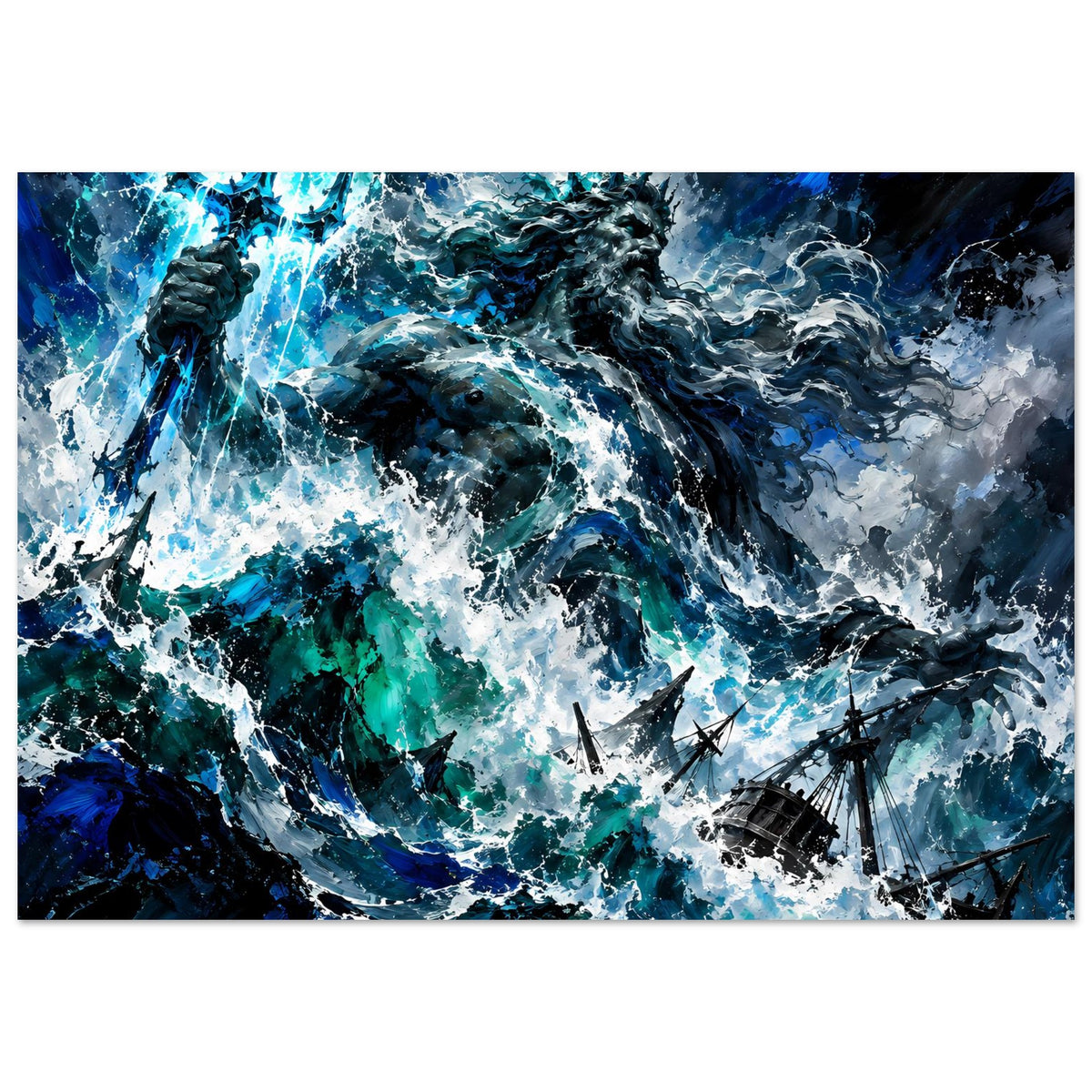 Sturm-Poster im Querformat mit Poseidon über tobender See und angreifenden Schiffen