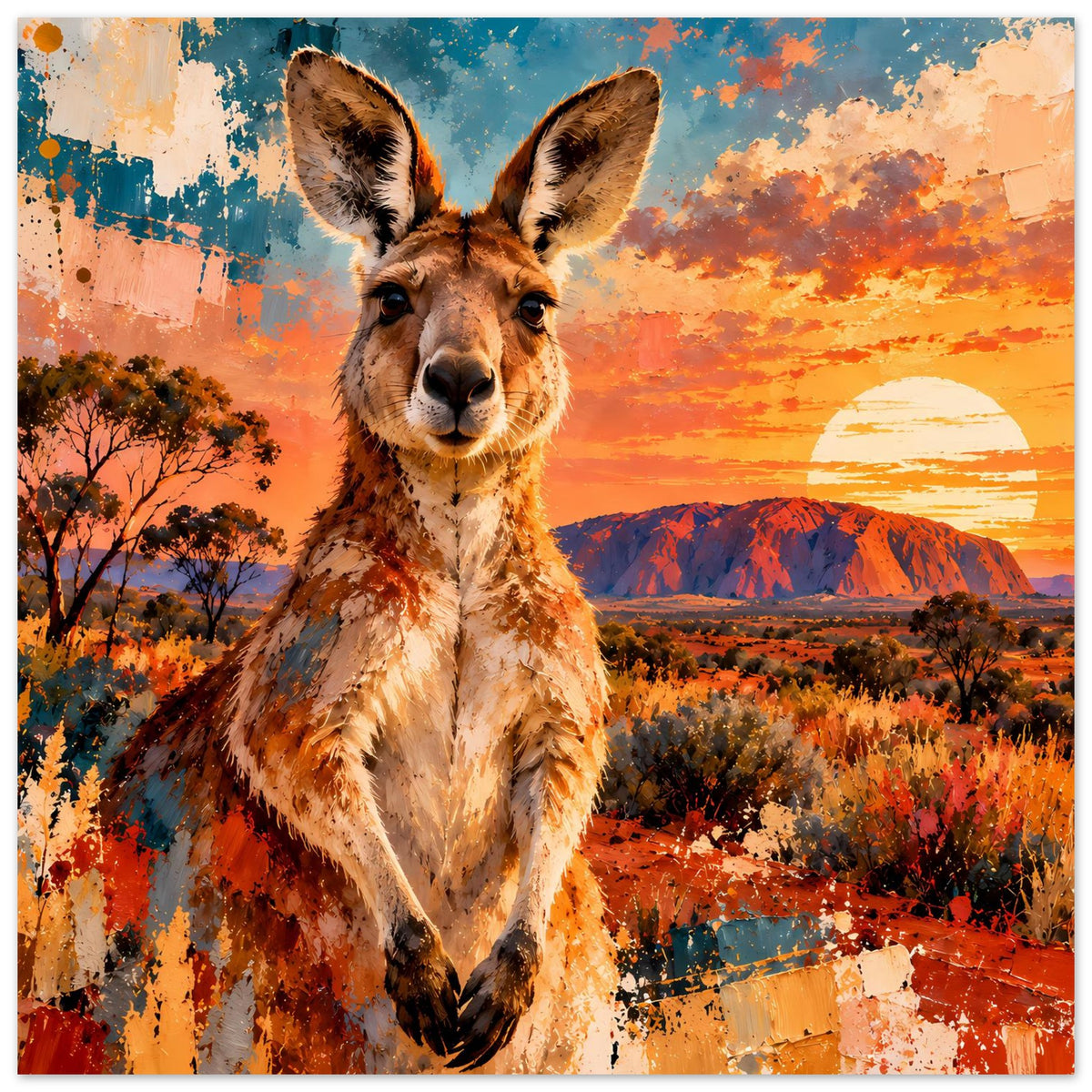 Känguru-Sonnenuntergangsposter auf mattem Papier, zentrierter Blick auf Känguru im Sonnenlicht