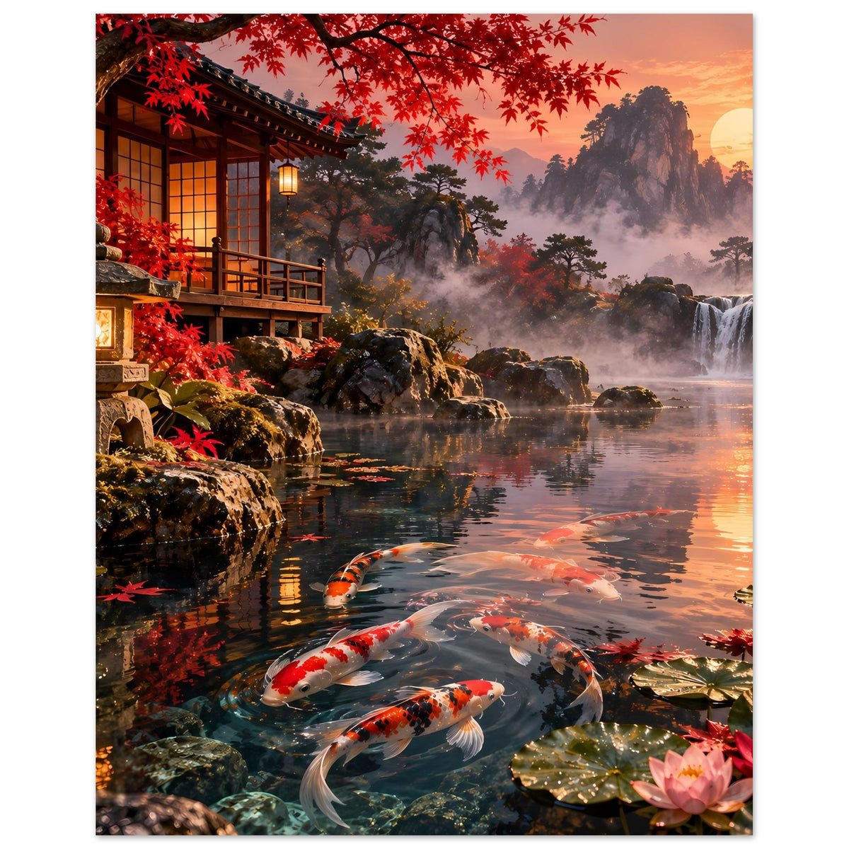 Wandposter mit Koi-Fischen, Wasserfall und Nebel, Laternenhaus links, Mond über dem See
