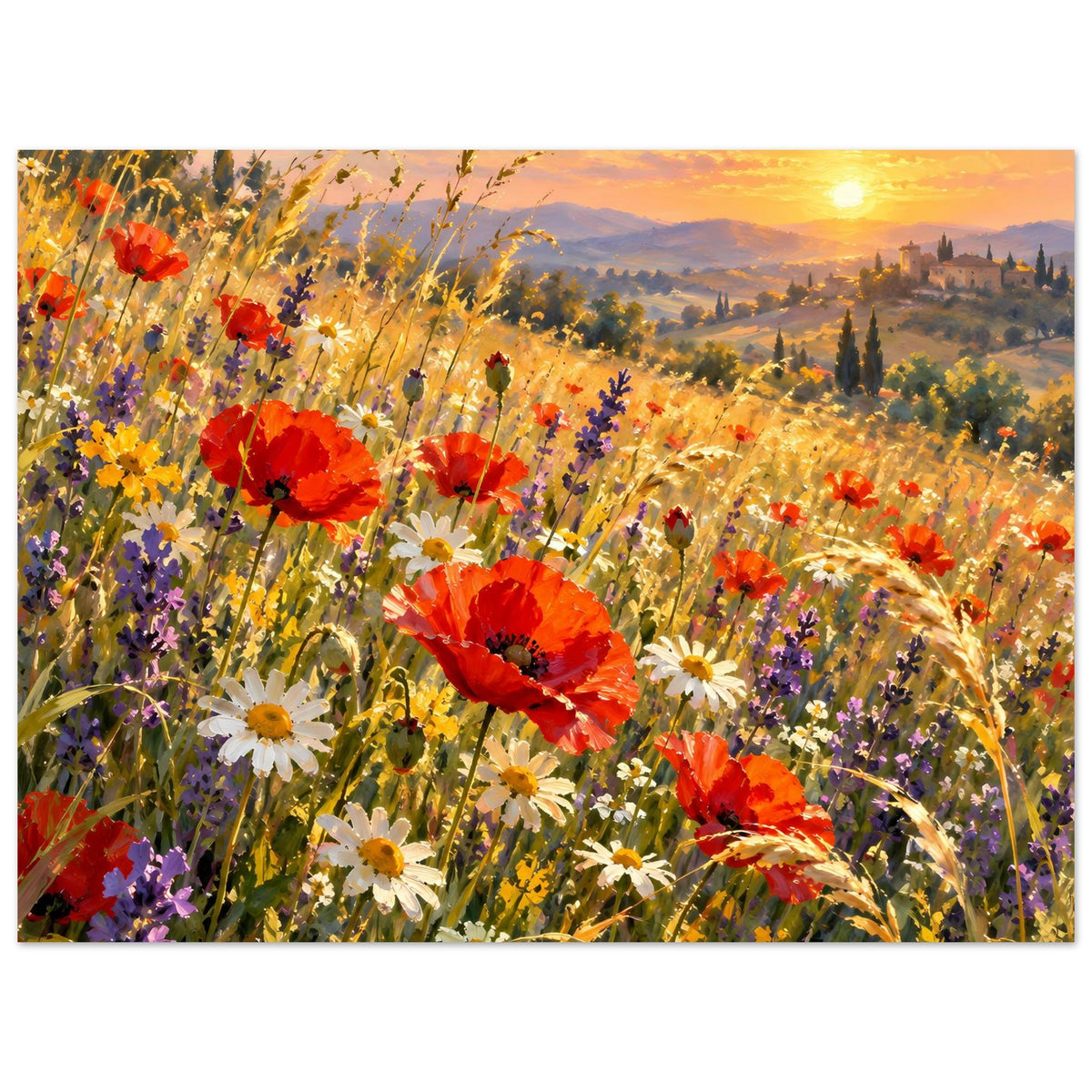 Querformatiges Poster mit Wildblumenwiese, roten Mohnblüten und Sonnenuntergang über Landschaft