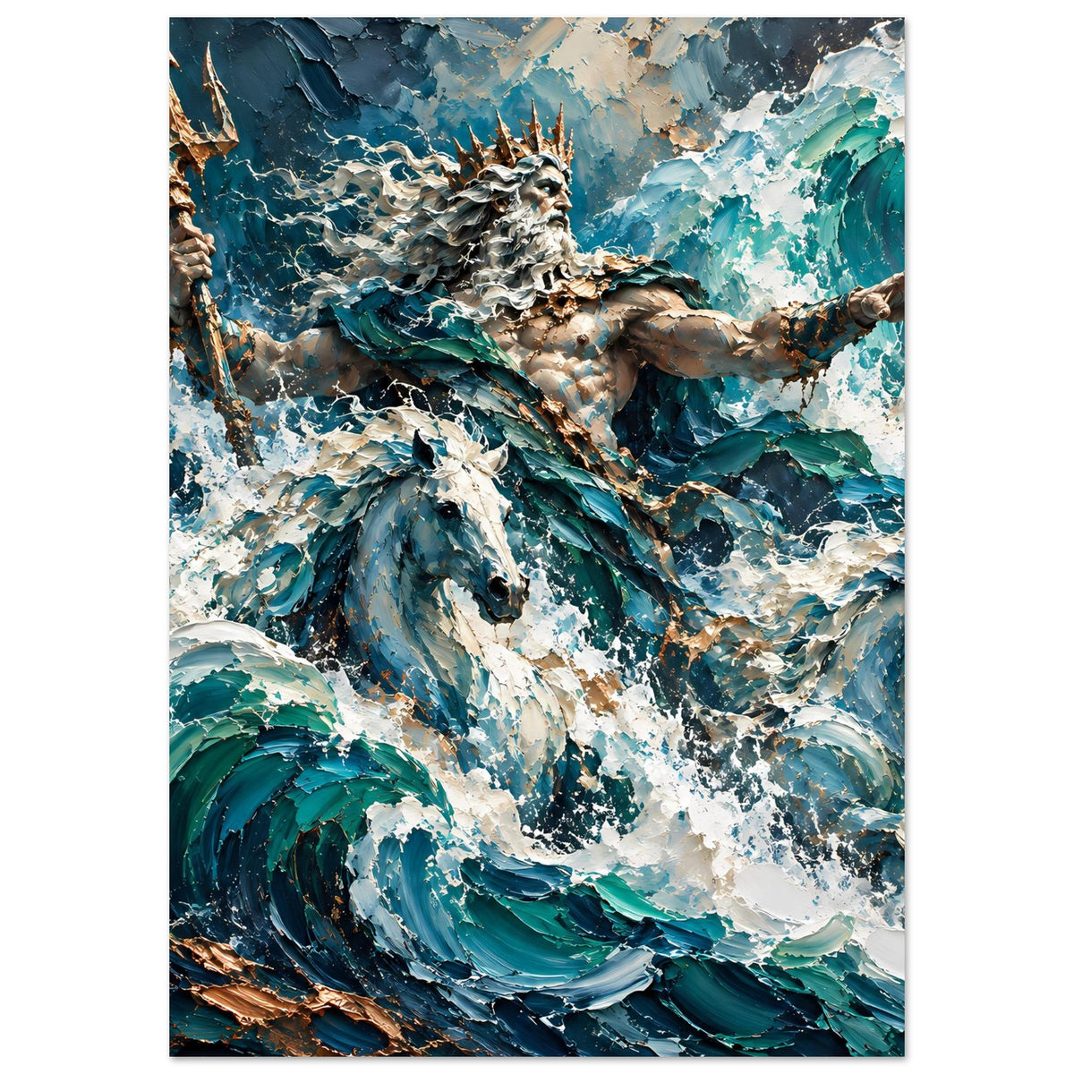 Neptun-Poster im Hochformat: Meeresfigur mit ausgebreiteten Armen, Schaum und türkisblau
