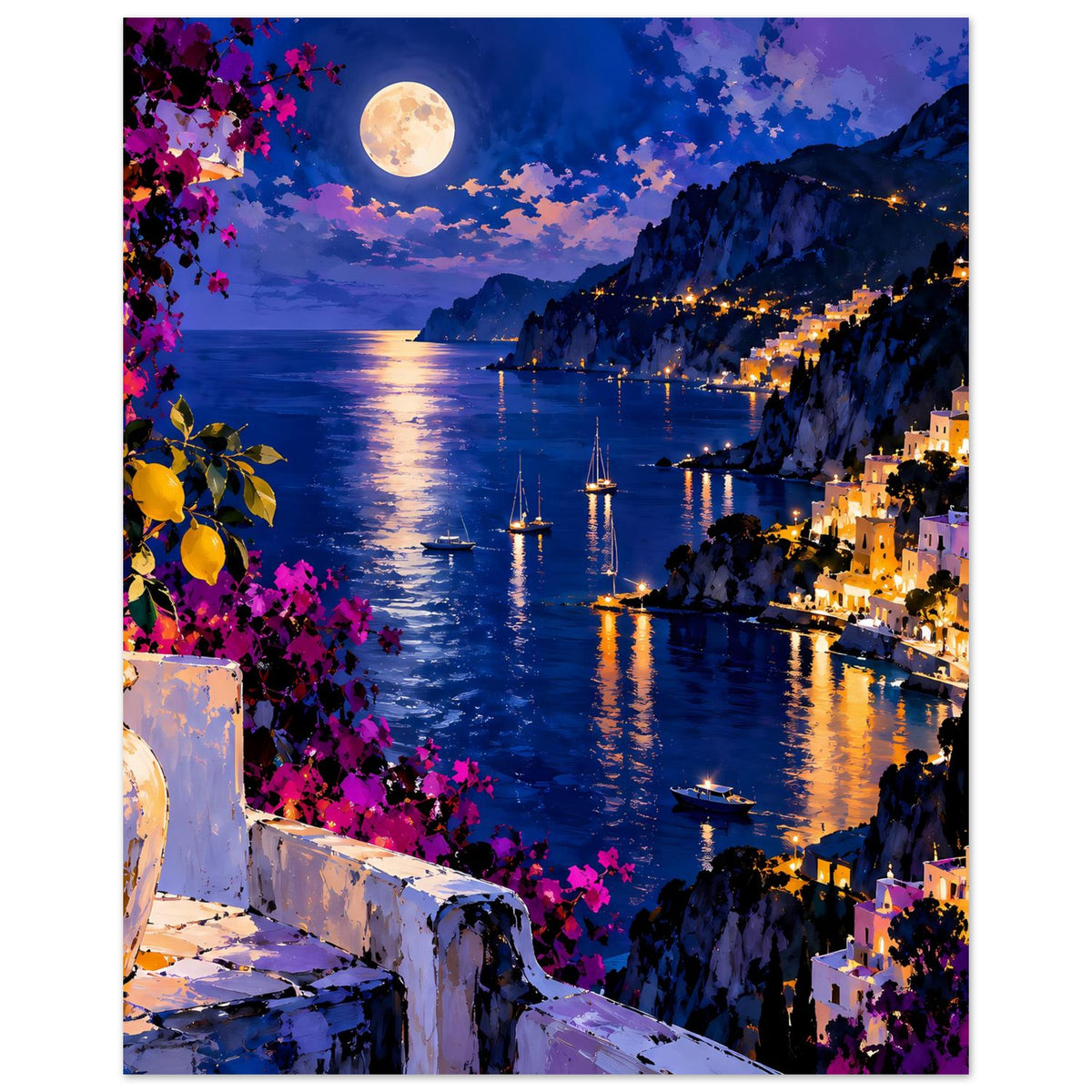 Mediterrane Nachtlandschaft mit Mondspiegelung auf tiefblauem Meer