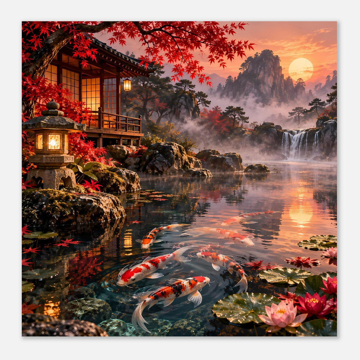 Gerahmtes Poster Nahansicht: Koi-Fische im Teich, japanisches Haus, rotes Herbstlaub
