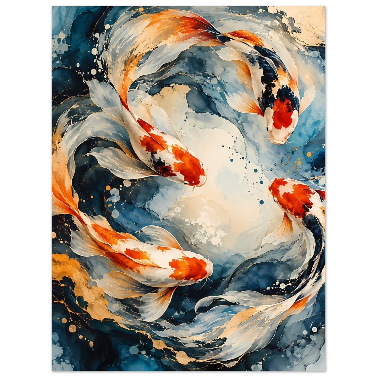 Japanisches Poster mit drei Koi-Fischen im Wasserwirbel, blau und orangefarben