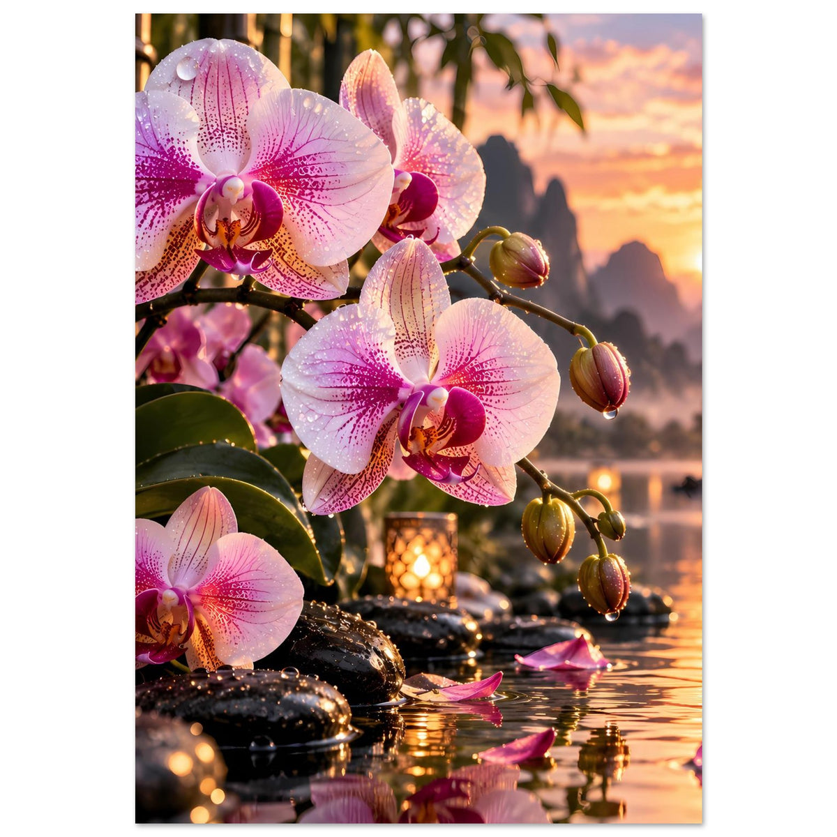 Poster mit rosa Orchideen, grünen Blättern und goldener Uferkulisse mit See-Reflexionen