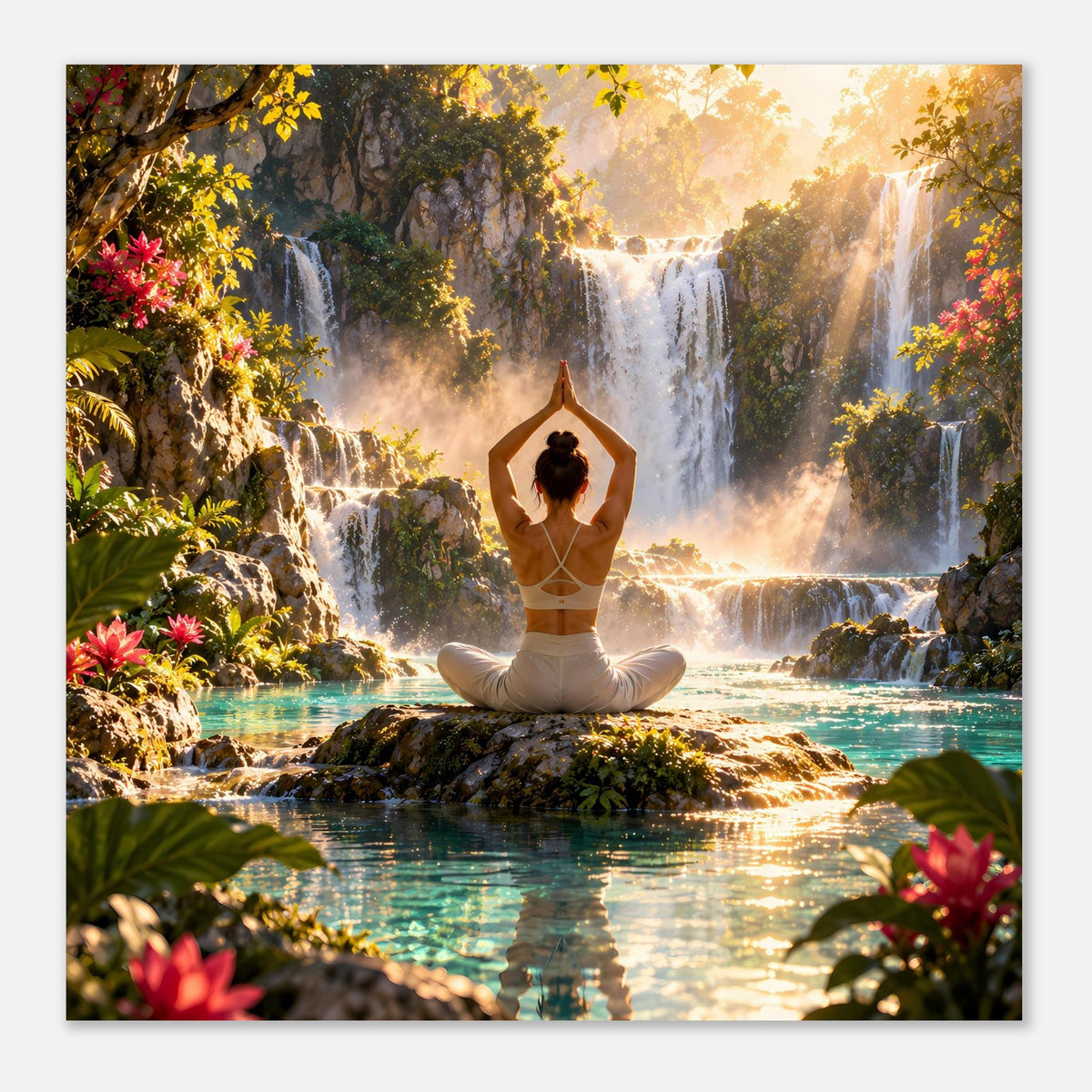 Yoga-Meditationsposter mit Person im Schneidersitz vor Wasserfall und Sonnenlichtstrahlen