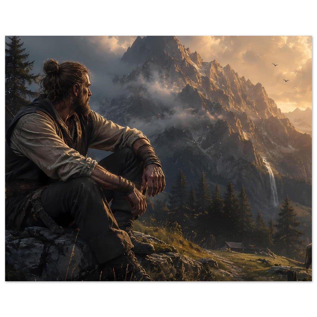 Poster mit sitzendem Mann, dichten Bergen und goldener Beleuchtung im Tal