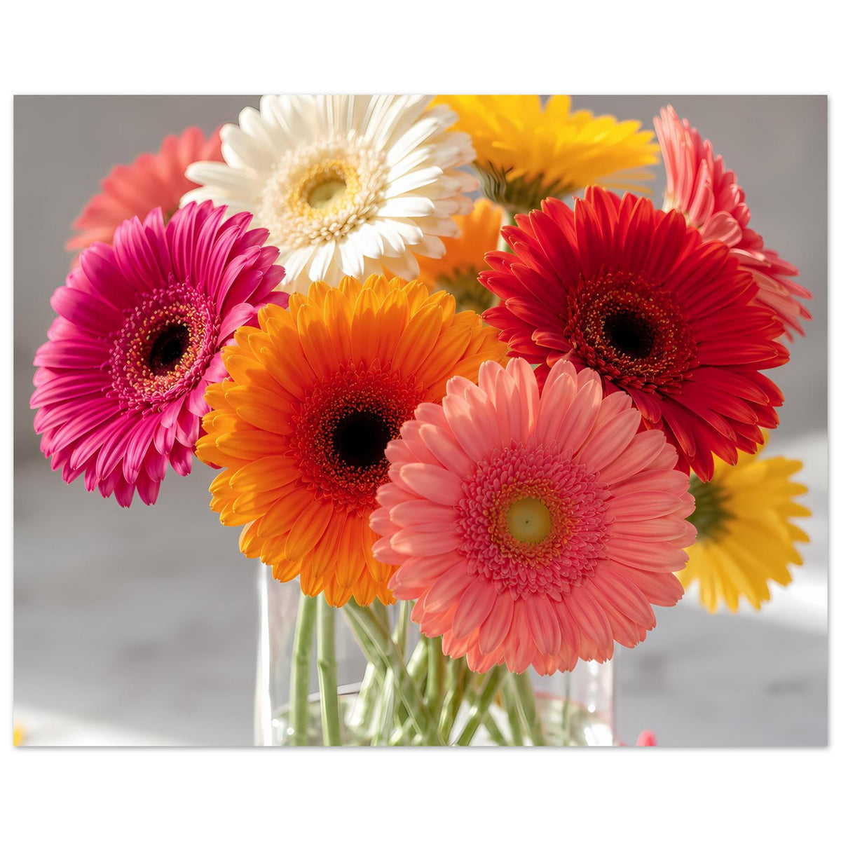 Gerbera-Blumenstrauß-Poster mit Glasvase, große Blüten in Pink, Orange, Rot und Weiß