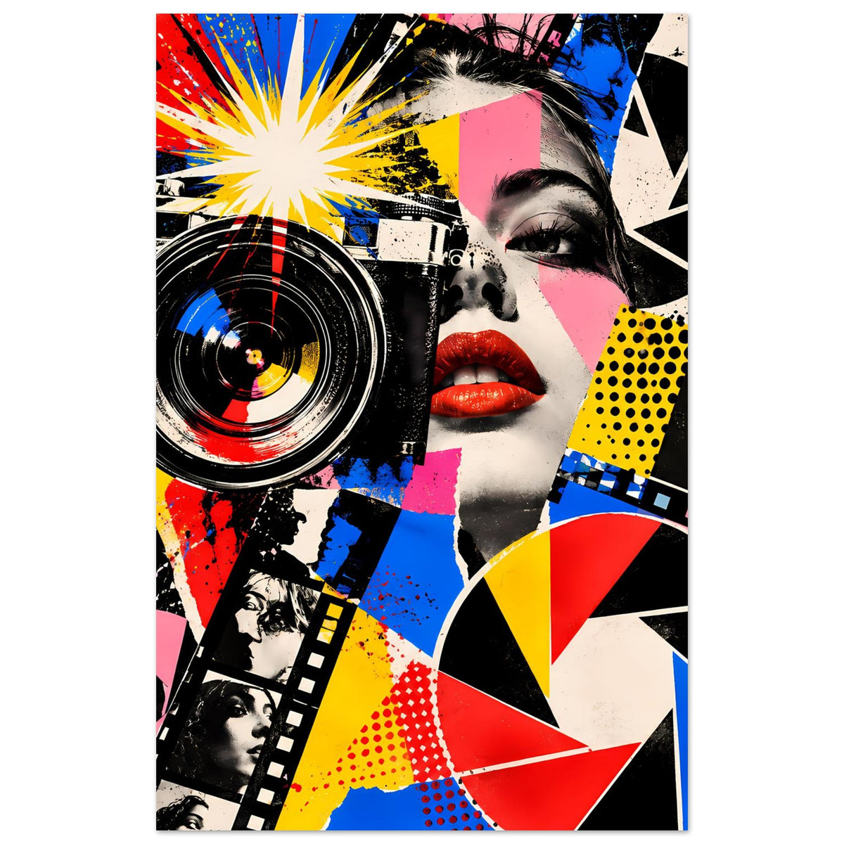 Pop-Art-Fotoposter, Porträt mit rotem Lippenstift, Kameraobjektiv und Farbflächen