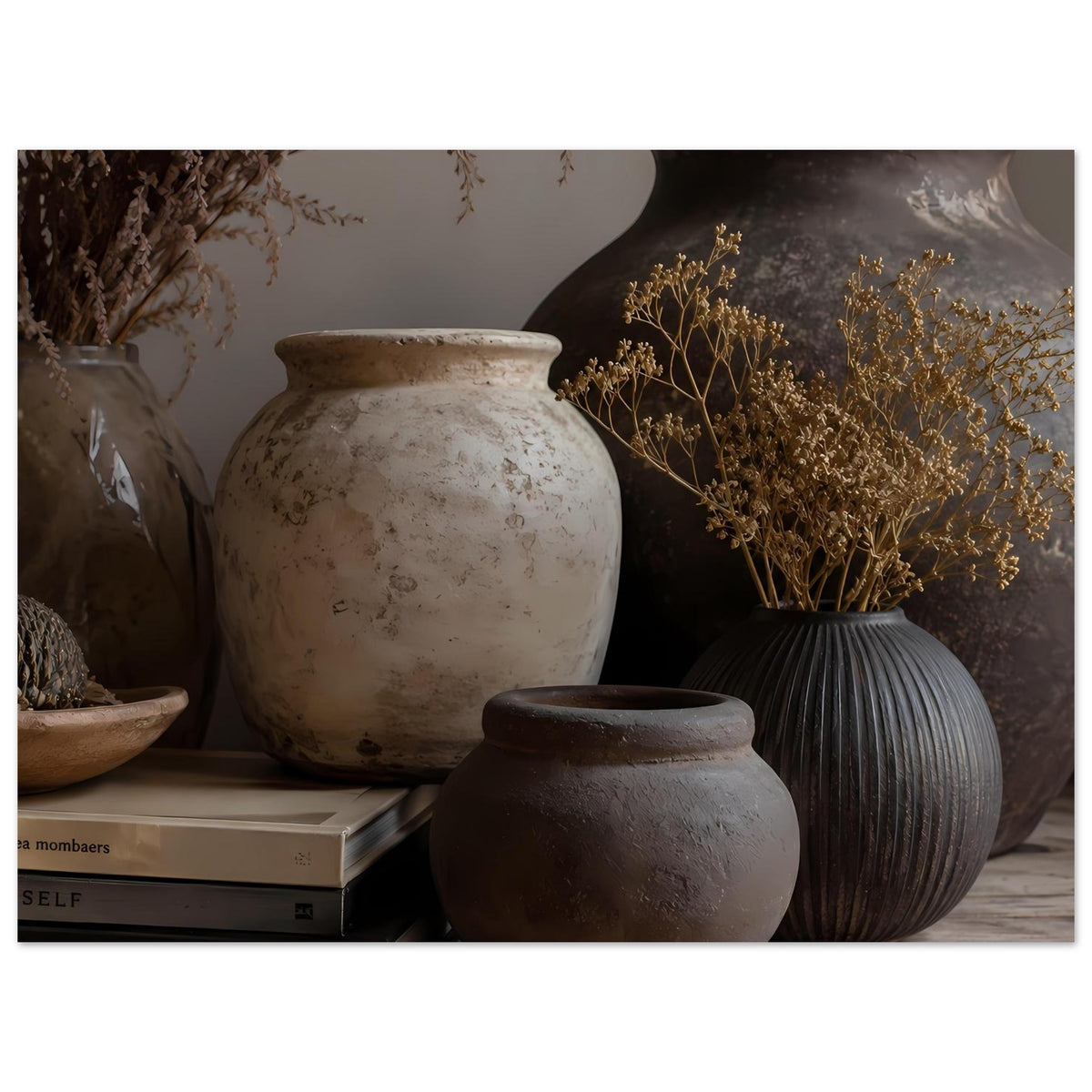 Wandposter, Nahansicht: helle Keramikvase und graue Rippenvase mit Trockenblumen