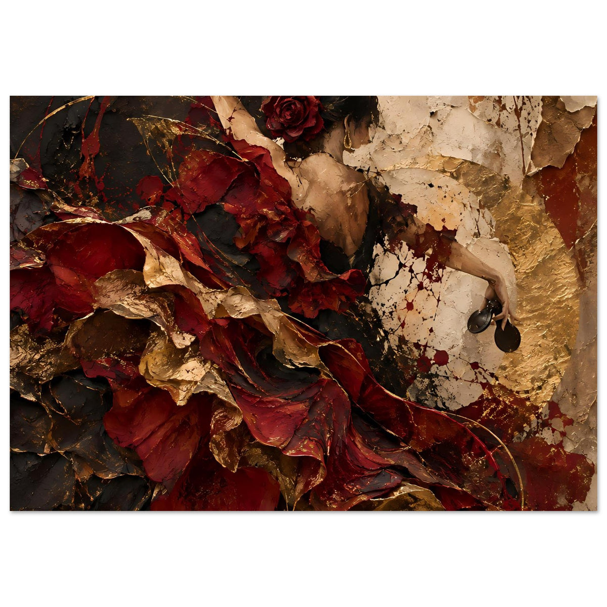 Wandkunst-Poster: Frau mit roter Rose und dramatisch rotem Schleier, diagonal