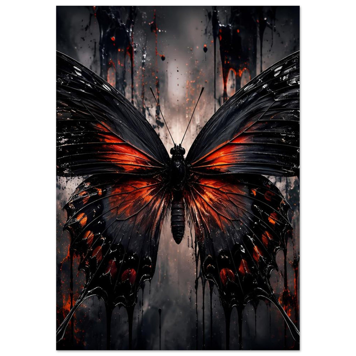 Schmetterlingsposter mit schwarzen Flügeln und orange-roten Sprenkeln, zentraler Schmetterling