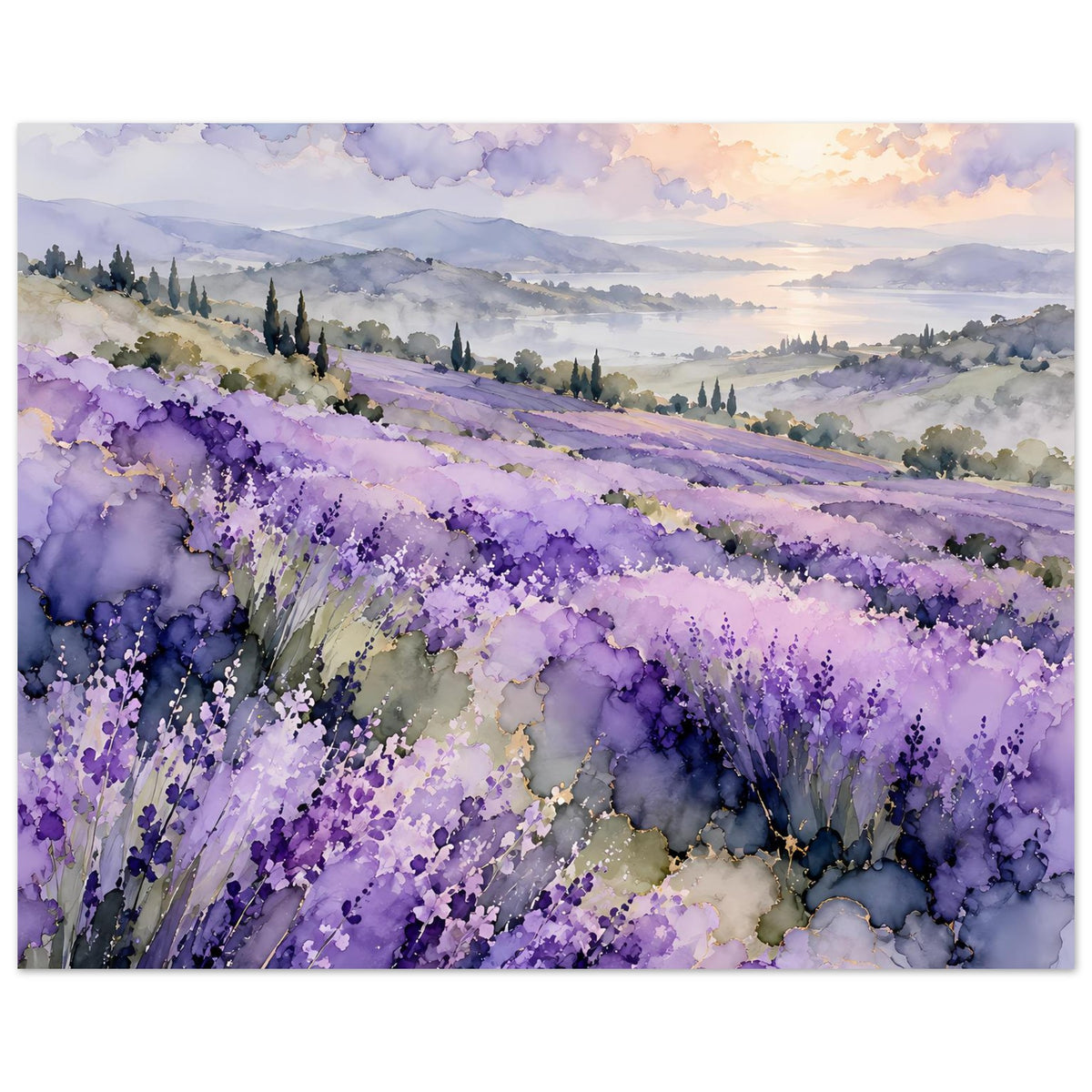Aquarell-Landschaftsposter: Lavendelreihen in Violett, sanfte Hügel im Dunst, Abendlicht