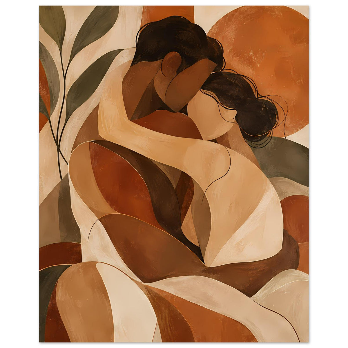 Poster mit abstrakter Umarmung: weibliche Figuren, Terrakotta, Beige und Olivgrün im Bild.