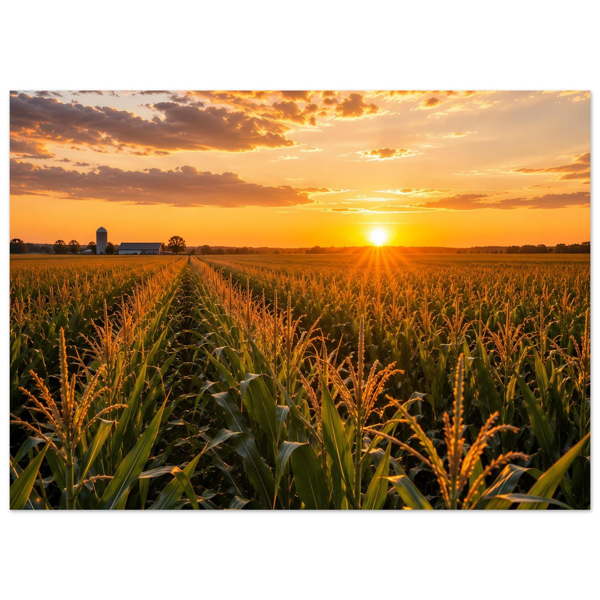 Querformat-Poster: Maisfeld mit goldener Sonne und orangefarbenem Wolkenhimmel