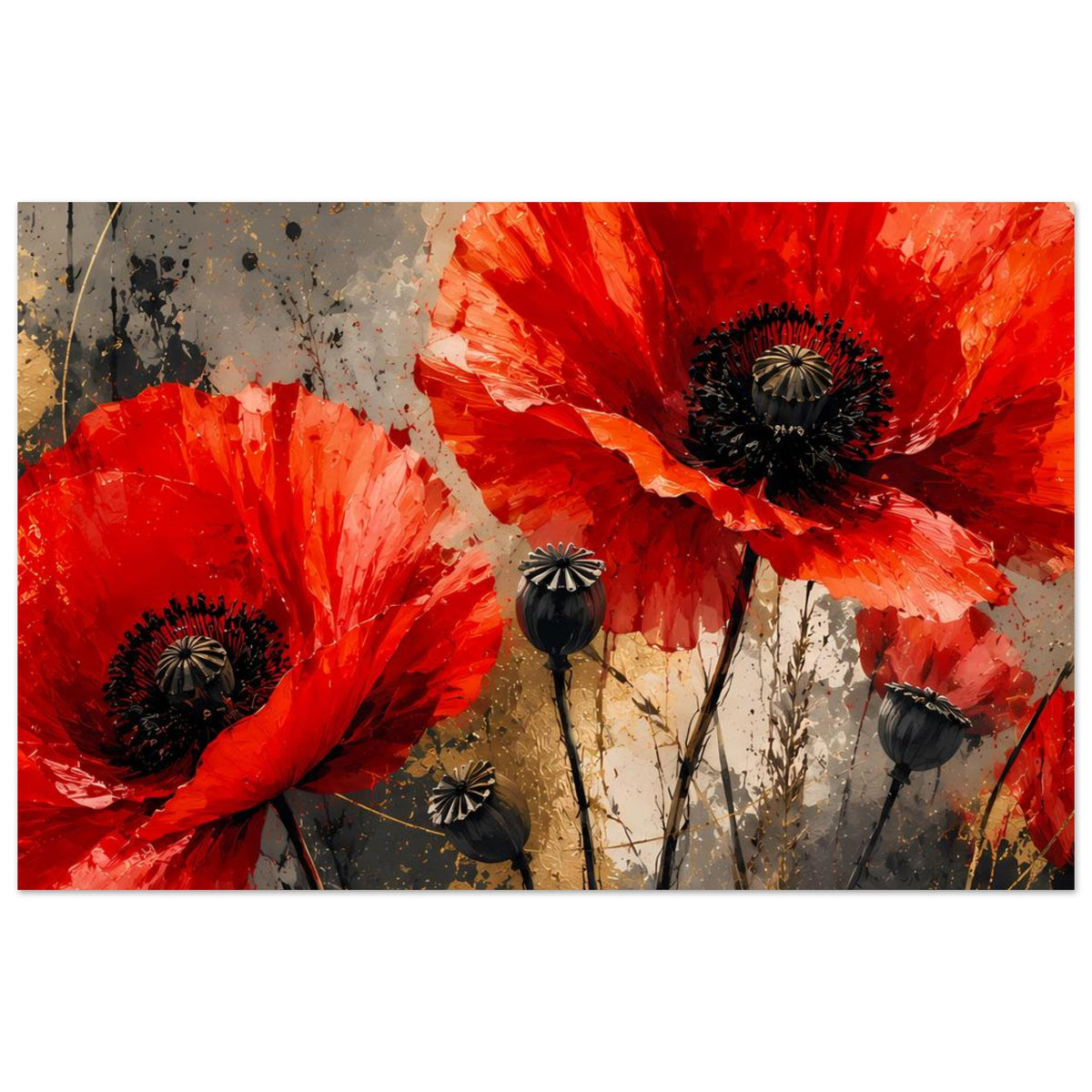 Horizontaler Kunstdruck mit roten Mohnblumen, große Blüten und dunkle Blütenmitten