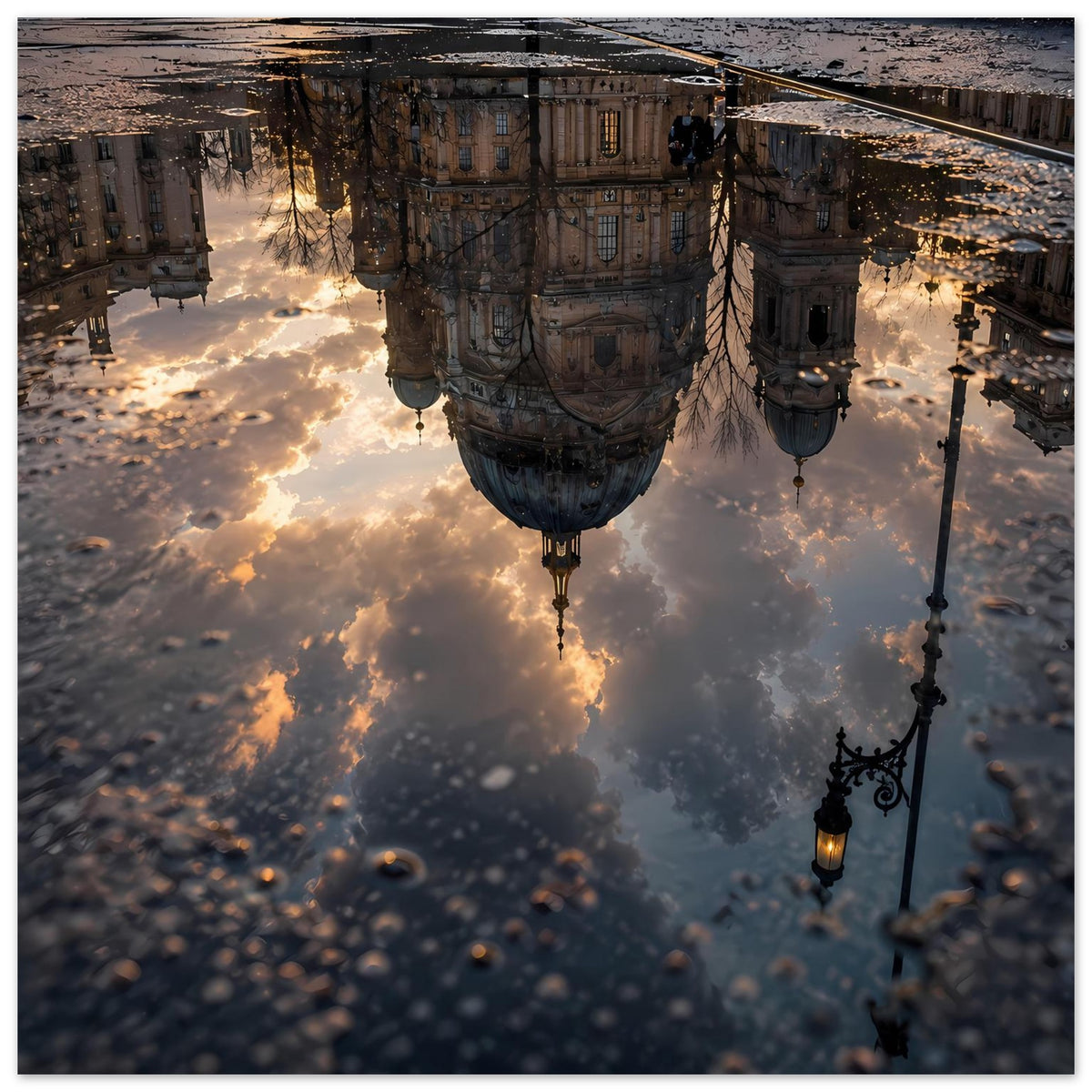 Poster im Querformat mit Wolkenreflexionen, Fassadenansicht und hängenden Laternen
