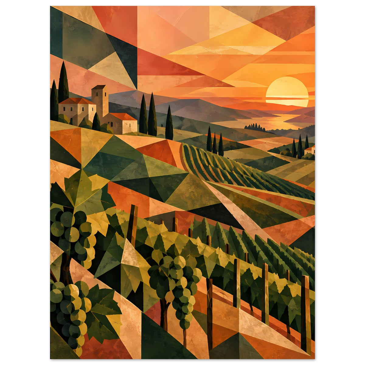 Vertikales Poster mit Abendsonne, Weinterrassen, Weinreben und Häusern im geometrischen Stil