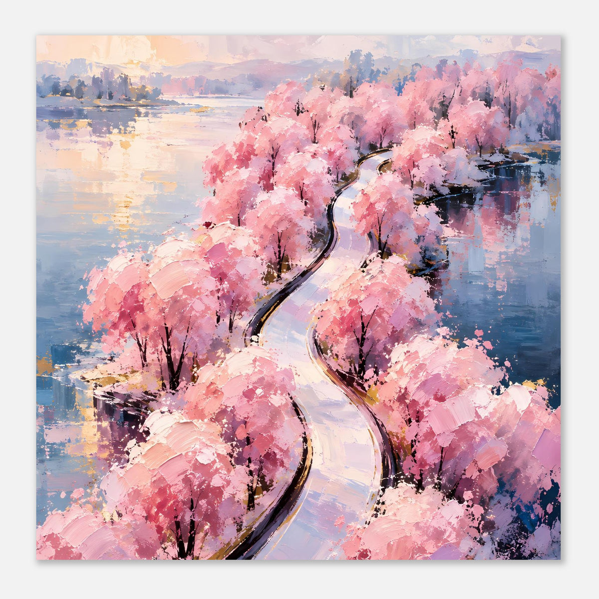 Quadratisches Wandposter mit rosa Blütenbäumen und geschwungenem Weg