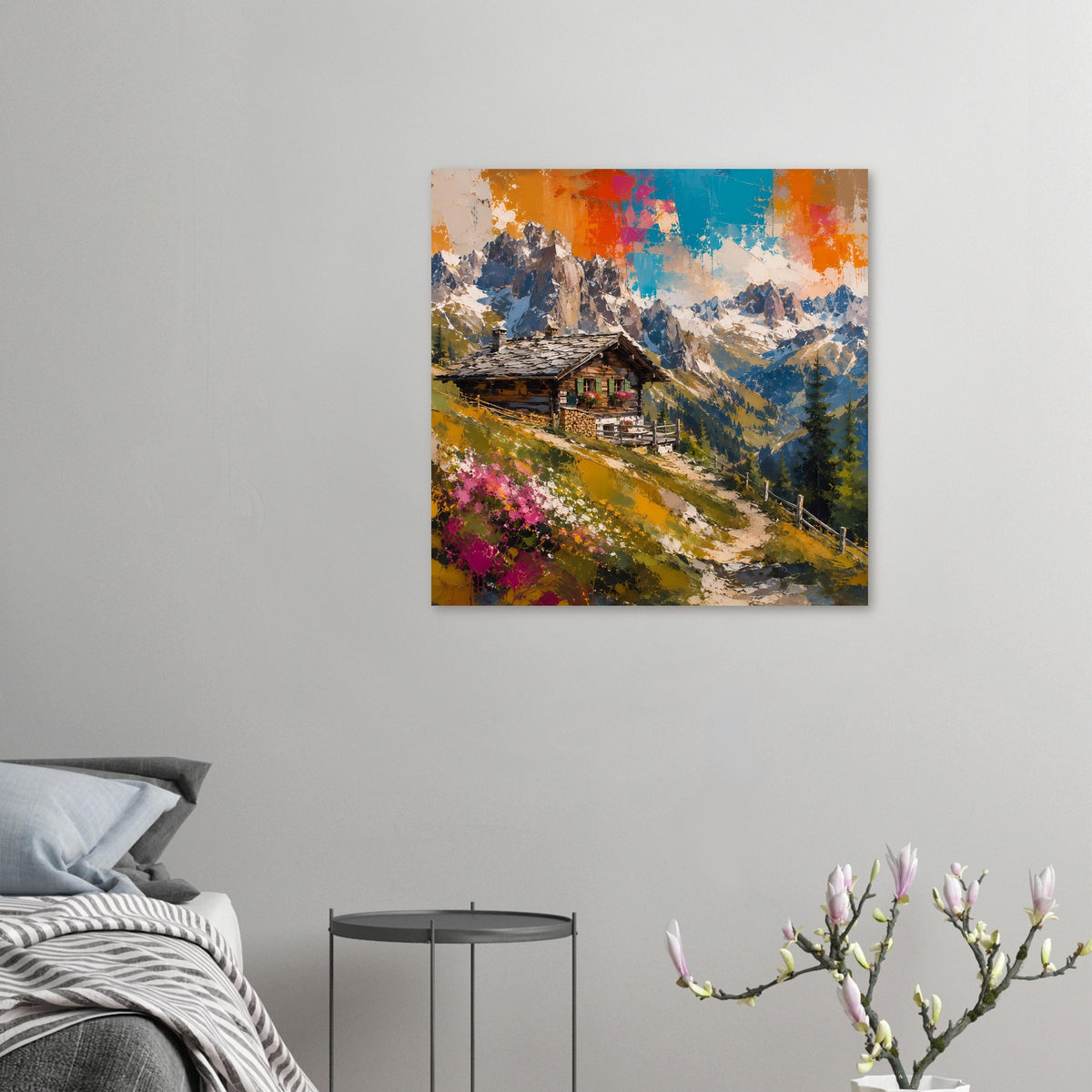 Kleines Poster mit Alpenhütte, Bergtal und abstraktem Himmel in kräftigen Farben