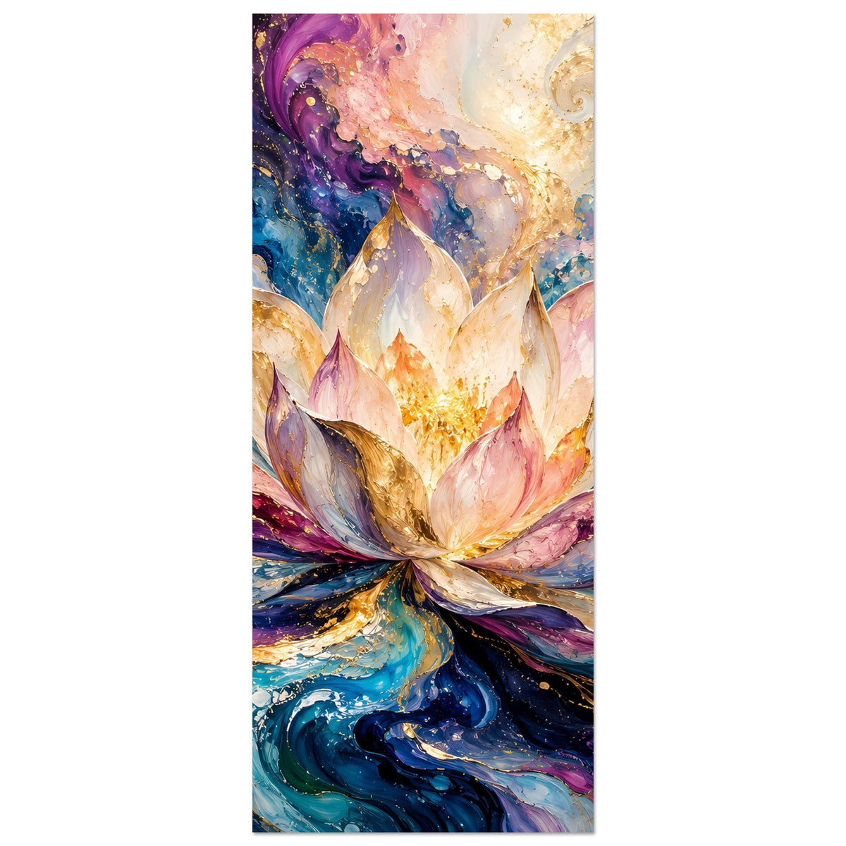 Vertikales Blumenposter mit zentraler Lotusblüte in Gold, Pastellrosa, Blau und Lila