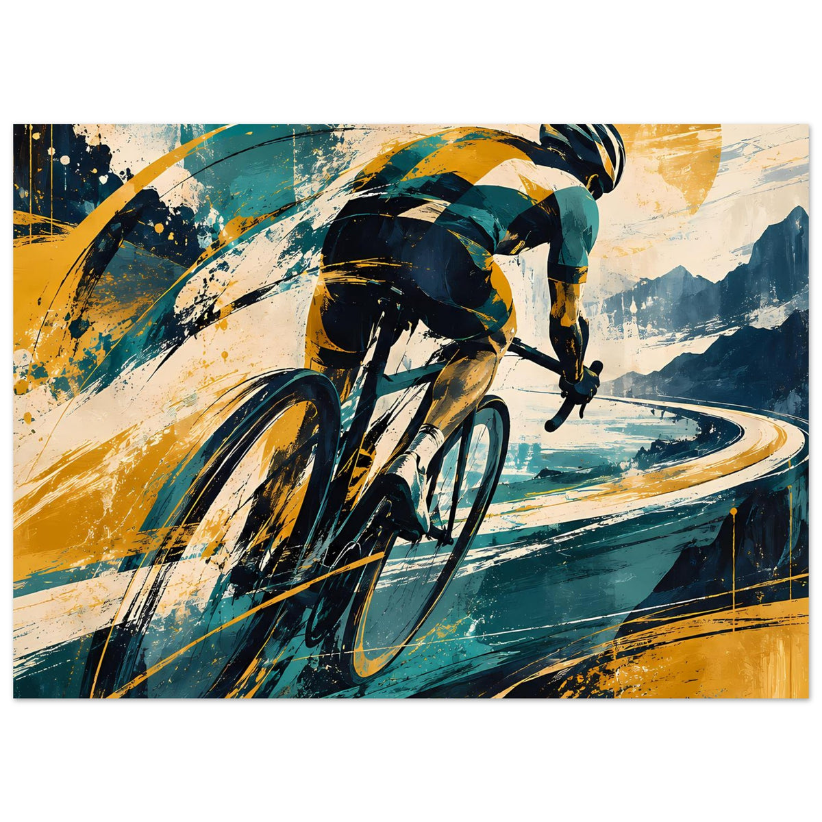 Sportposter horizontal mit Radfahrer, kräftige Blautöne, Gelb-Highlights und Berge
